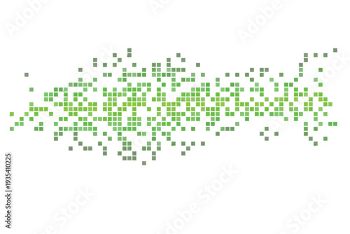 A dynamic array of small bright green squares creates a lively pixelated pattern on a clean white surface