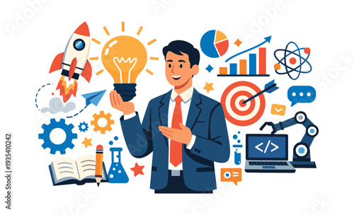Businessman presenting a new idea with a light bulb, surrounded by icons of rocketry, gears, data, and robotics