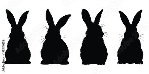 Silhouettes of four rabbits with long ears on white background bunny hare