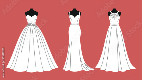 Selection of three elegant white wedding dress silhouettes displayed on black mannequins against a warm red background for bridal fashion.