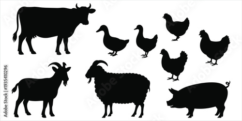 Silhouettes of Farm Animals on a White Background goat sheep