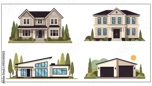Set of different residential building styles including a classic suburban home a modern house and a detached garage unit with green trees.