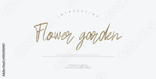 Flower Garden, Script luxury wedding alphabet letters font with tails. Typography elegant classic serif fonts and number decorative vintage retro concept for logo branding. vector illustration
