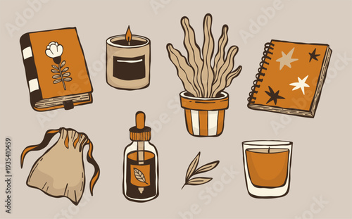 Home Wellness and Stationery Doodle Set. Flowerpot Plant, Candle, Aroma oil, Book and Notebook. Isolated hand drawn in Dusty Clay Palette. Vector Illustration