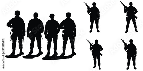 Silhouettes of Soldiers Standing and Holding Rifles on White Background military army