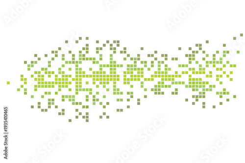 A dynamic pattern of square pixels in varying shades of green forms an abstract shape on white