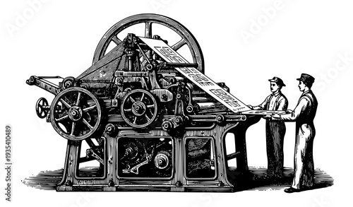 Victory Early Web Press Vintage Engraving with Workers 19th Century Printing Machine Illustration