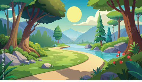 A tranquil evening scene with a winding path through a mystical forest glade.