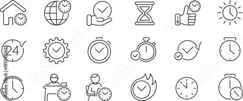 Time management and productivity line icons set clock schedule deadline stopwatch planning vector outline symbols isolated