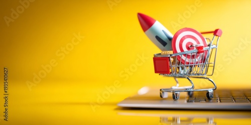 Mini rocket and target sit in shopping cart. Cart rests on laptop keyboard surface. Bright yellow background offers vivid contrast. Symbolizes online shopping goals and sales growth