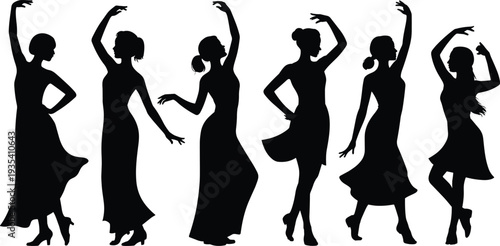 Silhouettes of women in elegant dresses dancing gracefully vector illustration