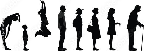 Silhouette collection of diverse people of different ages including children adults and seniors representing human life cycle growth and aging