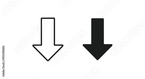 Minimalist black and white down arrow icon set vector for download, scroll, or direction indicators on websites and apps