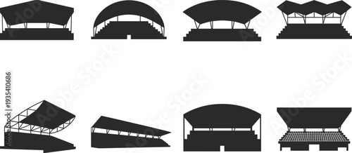 Stadium grandstand silhouettes set collection sports arena tribune structures vector icons isolated architecture stands for football baseball events