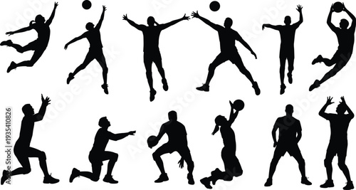 Silhouettes of Volleyball Players in Action with Ball jumping