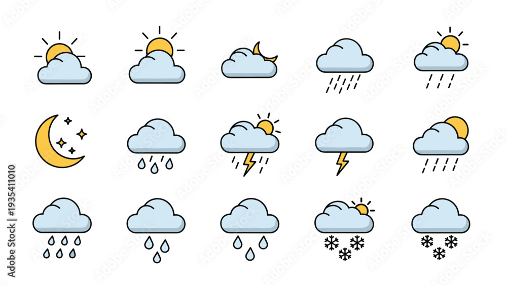 Fototapeta premium Comprehensive set of minimal weather icons showing various conditions like sunny cloudy rainy moon phases lightning snow and mixed skies.