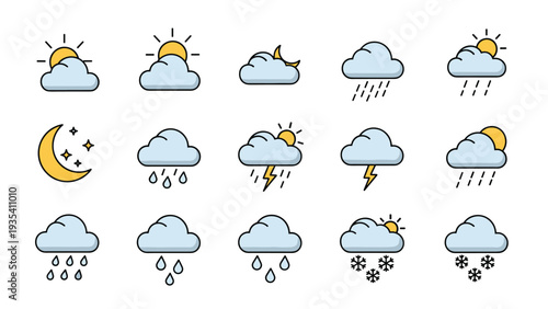 Comprehensive set of minimal weather icons showing various conditions like sunny cloudy rainy moon phases lightning snow and mixed skies.