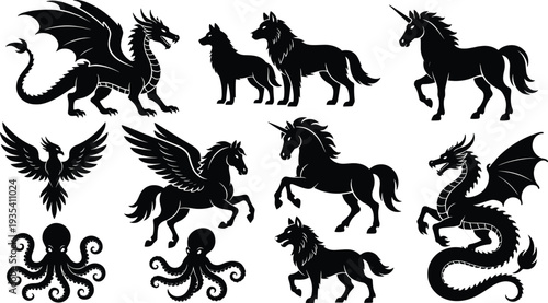 Silhouette collection of mythical creatures including dragons unicorns pegasus phoenix wolves and octopuses isolated on white background for fantasy design