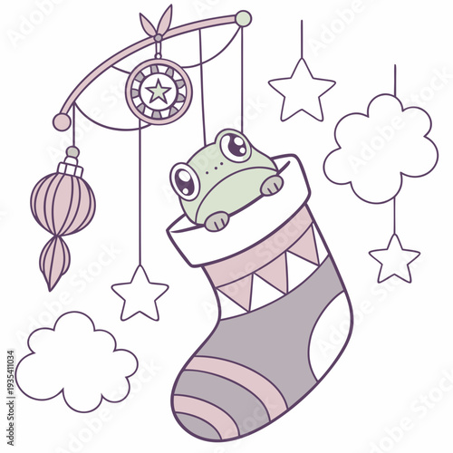 Cute SVG of a Curious Frog in Dreamland colors, featuring snuggled in a sock in a Fantasy dream setting