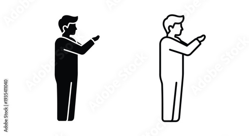 Man presenting or holding something icon set vector. Two black and white flat design businessman silhouettes in full body view, one solid and one outline style, for web, app