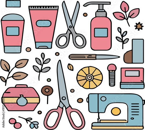 Beauty and Sewing Tools Collection Cosmetics Scissors Sewing Machine Handmade Craft Vector Illustration Set