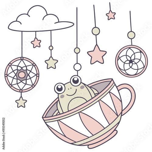 Delightful Playful Frog in a Fantasy dream scene with sitting in a teacup ride – Dreamland vector illustration