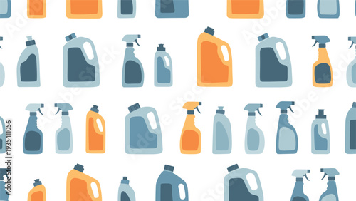 Repetitive pattern of various household cleaning product bottles in orange and blue shades on a white background for sanitary supply themes.