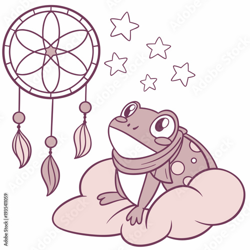 Cute SVG of a Amused Frog in Dreamland colors, featuring with a scarf in a Fantasy dream setting