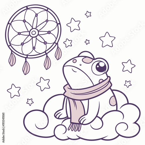 Delightful Grumpy Frog in a Fantasy dream scene with with a scarf – Dreamland vector illustration