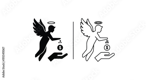 Angel Investor Icon Vector Set: Black Silhouette and Outline Style for Funding, Startup, and Philanthropy Concepts