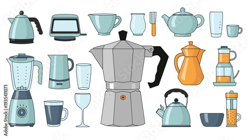 Wide assortment of kitchen appliances and glassware including kettles blenders teapots coffee makers and various drinking glasses in blue.