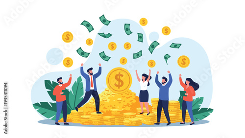 Group of joyful people celebrating success under a shower of falling green banknotes and gold coins standing on large piles of money.