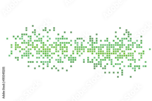 Bright green and light olive square pixels form an undulating digital visual against a clean white backdrop