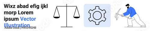 Balance scale, cogwheel, and worker with a pickaxe illustrate concepts of justice, industry, and labor. Ideal for law, fairness, work ethics, manufacturing equality productivity simple landing