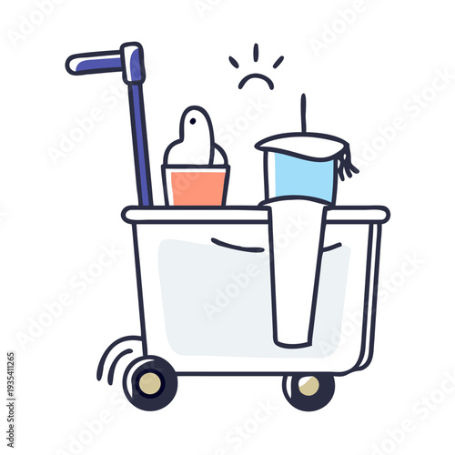 Cleaning cart with supplies and tools for home cleaning tasks  