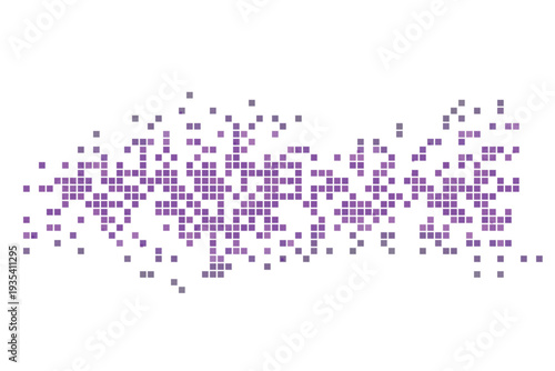 Bright magenta and purple square pixels form an energetic digital wave on a pure white surface