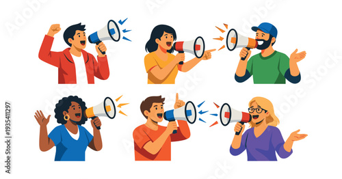 Crowd of people talking into megaphones, announcing news, spreading awareness, and making their voices heard