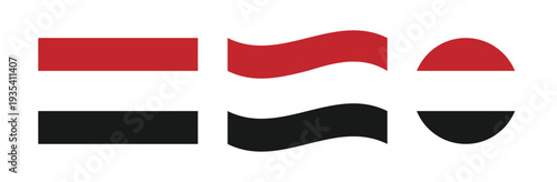 Free Download yemen national flag icon set with flat rectangle, waving banner and circular badge featuring red white and black horizontal stripes isolated on light background - GFXLoad