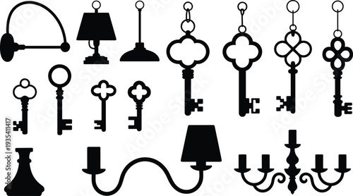 Vintage antique keys and classic lamps silhouettes collection with chandeliers wall lights and decorative retro interior lighting vector set