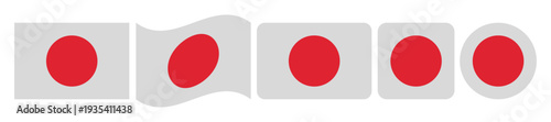set of japanese flag icons in different styles including flat rectangle, waving flag, circular badge, rounded square and glossy button with red sun on white background