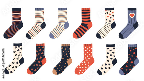 Twelve pairs of colorful patterned socks including stripes hearts stars and various fun designs displayed in two rows on a white background.