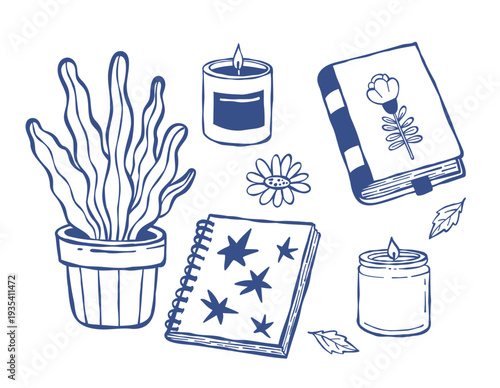 Home Wellness Doodle Set. Flowerpot Plant, Candles, Book and Notebook. Isolated Blue Line Art hand-drawn. Vector Illustration