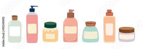 Set of pastel cosmetic bottles and jars with blank labels. Flat vector illustration isolated on transparent background, ideal for beauty branding mockups. 