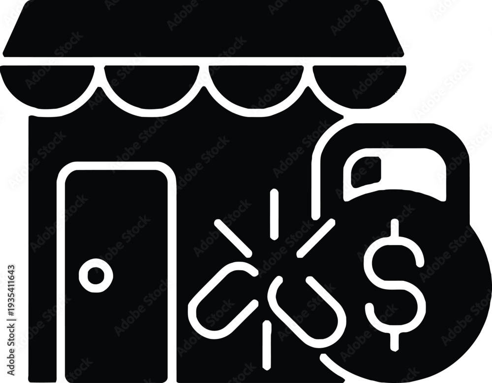 Obraz premium Pharmacy Storefront with Medicine Capsule and Money Bag Icon – Drugstore Business and Healthcare Retail Vector