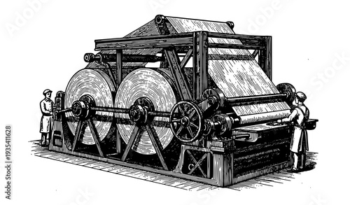 Antique Victory Web Press Engraving Industrial Printing Machine with Operators 1880s Style