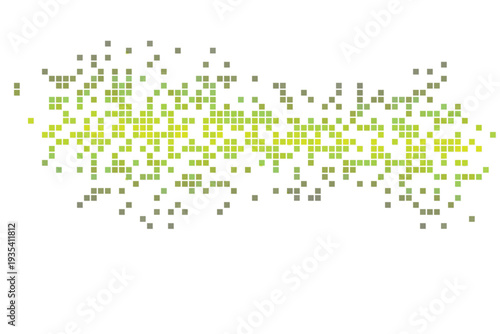 Bright yellow green and olive green pixels form a scattered and dissolving abstract digital shape