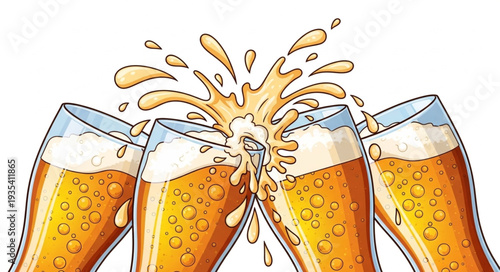 Four glasses of beer clinking together creating a splash.