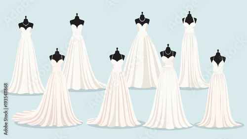 Diverse collection of eight elegant white wedding dresses with different styles like ball gown mermaid and A-line on black fashion mannequins.