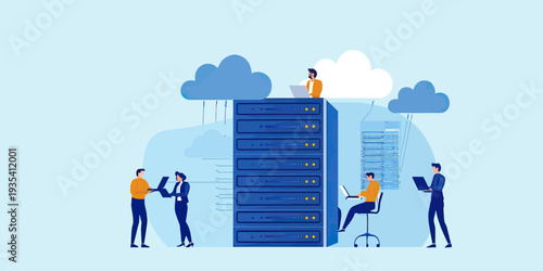 Business team working on cloud computing network with large server racks connected to multiple cloud storage icons in flat vector style technology concept illustration