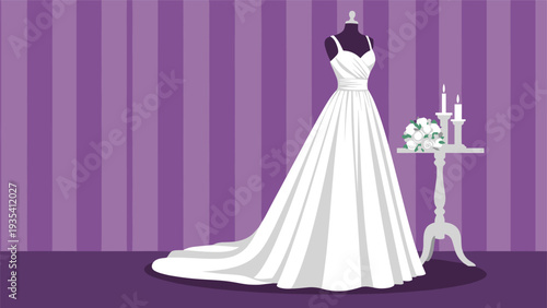 Elegant white bridal gown displayed on a mannequin in a sophisticated room with a purple striped wall and a bouquet on a small side table.